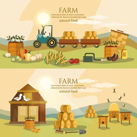 Farm agriculture landscape banner. Farmer products fresh farm vegetables natural food cartoon vectorのイラスト素材
