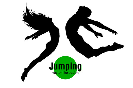 Silhouette of a jumping man and girl. Text on a separate layer, color can be changed in one click.のイラスト素材