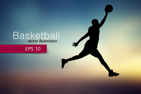 Silhouette of a basketball player. Background and text on a separate layer, color can be changed in one clickのイラスト素材