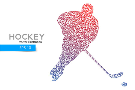 silhouette of a hockey player from triangles. Background and text on a separate layer, color can be changed in one click.のイラスト素材