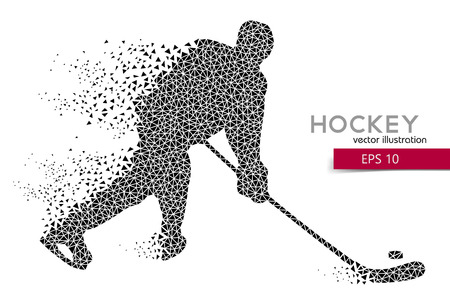 silhouette of a hockey player from triangles. Background and text on a separate layer, color can be changed in one click.のイラスト素材
