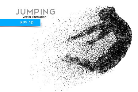 Silhouette of a jumping man from particles. Text and background on a separate layer, color can be changed in one click.のイラスト素材