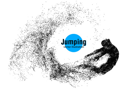 Silhouette of a jumping man from particles. Text and background on a separate layer, color can be changed in one click.のイラスト素材