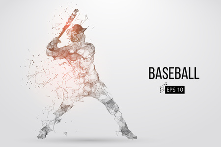 Silhouette of a baseball player. Dots, lines, triangles, text, color effects and background on a separate layers, color can be changed in one click. Vector illustration.のイラスト素材