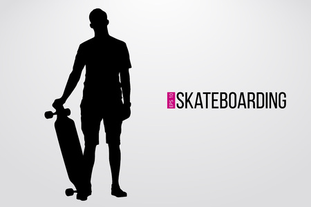 Silhouette of a skateboarder. Background and text on a separate layer, color can be changed in one click. Vector illustrationのイラスト素材