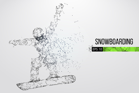 Silhouette of a snowboarder jumping isolated. Dots, lines, triangles, text, color effects and background on a separate layers, color can be changed in one click. Vector illustrationのイラスト素材