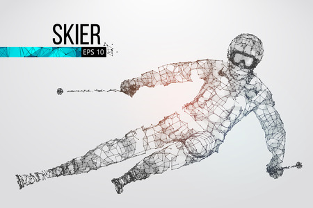 Silhouette of a skier jumping isolated. Dots, lines, triangles, text, color effects and background on a separate layers, color can be changed in one click. Vector illustrationのイラスト素材