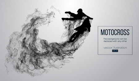 Abstract silhouette of a motocross rider on white background from particles, dust, smoke, steam. Motocross rider jumping and performs a trick. Background can be changed to any other. Vectorのイラスト素材