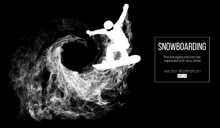 Abstract silhouette of a snowboarder jumping isolated on dark, black background from particles. Snowboarder jumping and performs a trick. Background can be changed to any other. Vector illustrationのイラスト素材