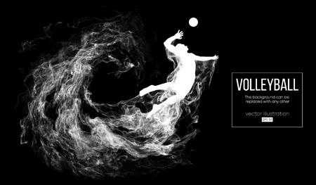 Abstract silhouette of a volleyball player man on dark, black background from particles. Volleyball player is jumping and kicks the ball. Background can be changed to any other. Vector illustrationのイラスト素材