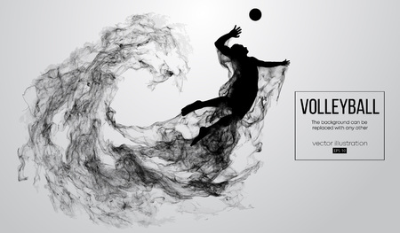 Abstract silhouette of a volleyball player man on white background from particles. Volleyball player is jumping and kicks the ball. Background can be changed to any other. Vector illustrationのイラスト素材