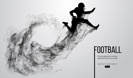 Abstract silhouette of a american football player on white background from particles, dust, smoke, steam. Football player jumping with ball. Rugby. Background can be changed to any other. Vectorのイラスト素材