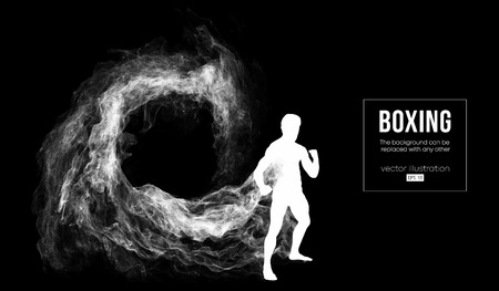 Abstract silhouette of a boxer, mma, ufc fighter on the dark, black background from particles, dust, smoke, steam. Boxer is winner. Background can be changed to any other. Vector illustrationのイラスト素材
