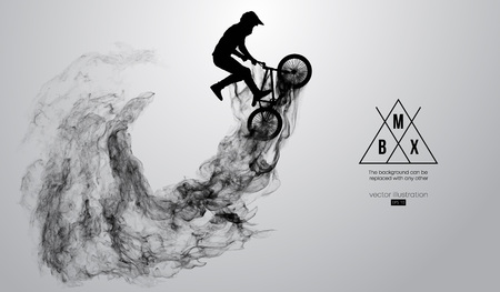 Abstract silhouette of a bmx rider on the white background from particles, dust, smoke, steam. Bmx rider jumps and performs the trick. Background can be changed to any other. Vector illustrationのイラスト素材