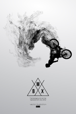 Abstract silhouette of a bmx rider on the white background from particles, dust, smoke, steam. Bmx rider jumps and performs the trick. Background can be changed to any other. Vector illustrationのイラスト素材