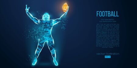 Abstract football player from particles, lines and triangles on blue background. Rugby. American footballer. All elements on a separate layers, color can be changed to any other in one click. Vectorのイラスト素材