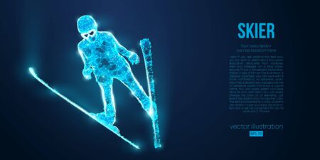 Abstract silhouette of a skier jumping from particles on blue background. All elements on a separate layers color can be changed to any other. Low poly neon wire outline geometric. Vector skiのイラスト素材