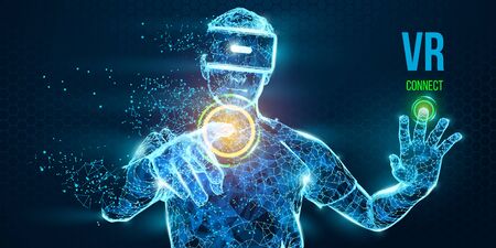 VR headset holographic low poly wireframe vector banner. Polygonal man wearing virtual reality glasses, helmet. VR games playing. Particles, dots, lines, triangles on blue background. Neon light.のイラスト素材