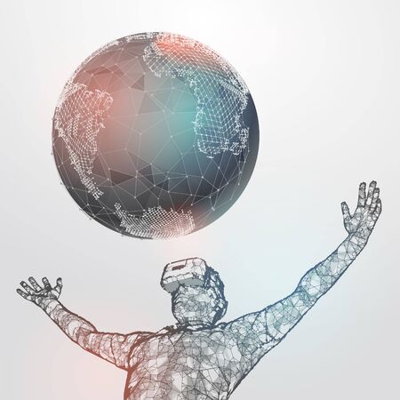 VR headset holographic low poly wireframe vector banner. Polygonal man wearing virtual reality...
