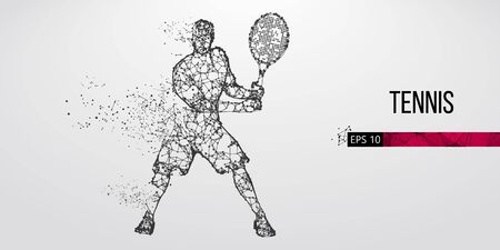 Abstract silhouette of tennis player man, male with ball and racket. All elements on a separate layers color can be changed to any other. Low poly neon wire outline geometric. Vector illustrationのイラスト素材