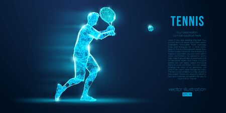 Abstract silhouette of tennis player man, male with ball and racket. All elements on a separate layers color can be changed to any other. Low poly neon wire outline geometric. Vector illustrationのイラスト素材