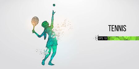 Abstract silhouette of tennis player woman, girl, female with ball and racket. All elements on a separate layers color can be changed to any other. Low poly neon wire outline geometric. Vectorのイラスト素材