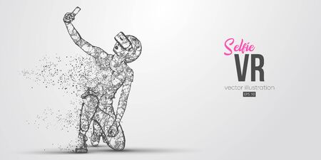VR headset holographic low poly wireframe banner. Abstract silhouette of a woman, a girl in virtual reality glasses smiles and takes a selfie photo. VR games. Particles on white background, vectorのイラスト素材