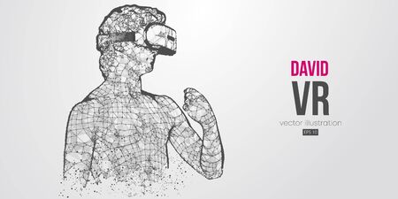 VR headset holographic low poly wire frame banner. Abstract silhouette of the polygonal statue of David, man wearing virtual reality glasses. VR games. Particles, lines on white background, vectorのイラスト素材