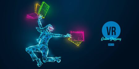 VR online shopping. Polygonal woman, girl wearing virtual reality glasses. Beautiful happy woman is jumping with a shopping bags, buy a goods in one click. VR headset holographic wire frame vectorのイラスト素材