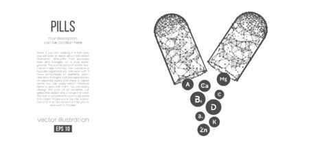 Abstract silhouette of the polygonal pills on white background. Vitamins, minerals and active substances for good health. Holographic low poly, wireframe vector. Thanks for watchingのイラスト素材
