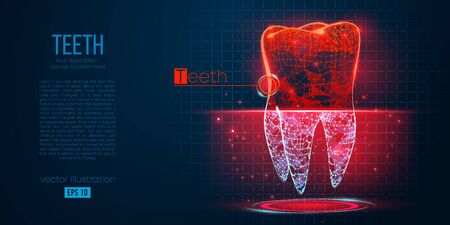 Abstract silhouette of the polygonal tooths of human on blue background. Scanning, research and diagnosis of the human teeths. Holographic low poly, wireframe vector. Thanks for watchingのイラスト素材
