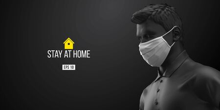 Novel coronavirus COVID-2019. Man in black color in white mask on a black background. Virus 2019-nCoV  . Stay at home. Work from home. Medical mask and virus protection. Vector illustrationのイラスト素材