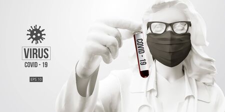 Novel coronavirus COVID-2019. Woman in white color in black mask on a white background. Virus 2019-nCoV . Stay at home. Work from home. Medical mask and virus protection. Vector illustrationのイラスト素材
