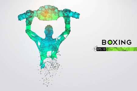Abstract silhouette of a wireframe boxer fighter with boxing gloves on the white background. Boxer is winner.のイラスト素材
