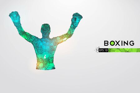 Abstract silhouette of a wireframe boxer fighter with boxing gloves on the white background. Boxer is winner.のイラスト素材