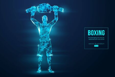 Abstract silhouette of a wireframe boxer fighter with boxing gloves on the blue background. Boxer is winner. Vectorのイラスト素材
