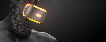 VR headset with neon light, future technology concept banner. 3d render of the statue, man wearing...