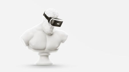VR headset, future technology concept banner. 3d render of the white statue, man wearing virtual reality glasses on white background. VR games. Thanks for watchingの写真素材