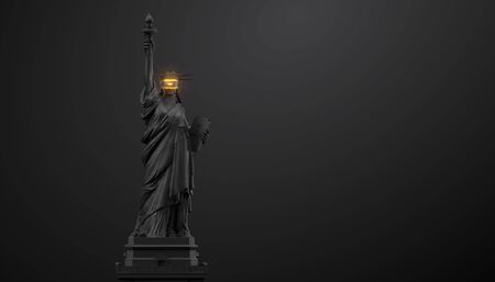 VR headset with neon light, future technology concept banner. 3d render of the statue of Liberty, usa, woman wearing virtual reality glasses on black background. VR games. Thanks for watchingの写真素材