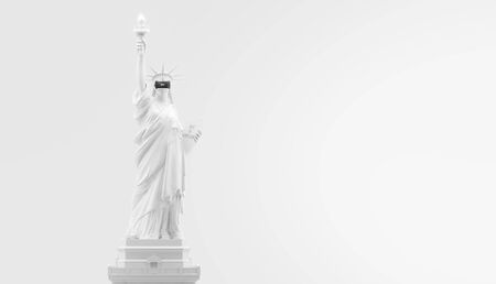 VR headset, future technology concept banner. 3d render of the white statue of Liberty, usa, woman wearing virtual reality glasses on white background. VR games. Thanks for watchingの写真素材