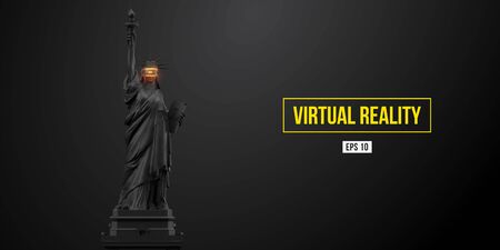 Virtual reality headset. Statue of liberty wearing virtual reality glasses on black background. VR games. Vector illustration. Thanks for watchingのイラスト素材