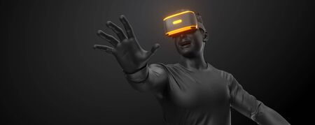 VR headset, technology. 3d render of the man, wearing virtual reality glasses on black background....