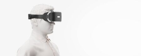 VR headset, technology. 3d render of the man, wearing virtual reality glasses on white background....
