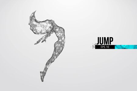 Abstract silhouette of a wireframe jumping woman. People in a jump symbolize freedom. Woman from particles on the white background. Convenient organization of eps file. Vector. Thanks for watchingのイラスト素材