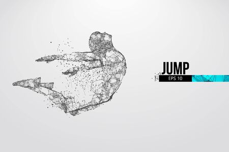 Abstract silhouette of a wireframe jumping man. People in a jump symbolize freedom. Man from particles on the white background. Convenient organization of eps file. Vector. Thanks for watchingのイラスト素材