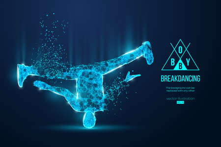 Abstract silhouette of a wireframe break dancer. Teenager dance hip-hop. Man BBoy from particles on the blue background.のイラスト素材