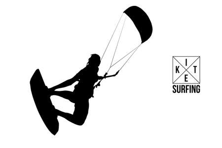 Kite surfing and kite boarding. Silhouette of a kite surfer. Man in a jump performs a trick. Big air competition.のイラスト素材
