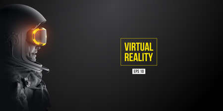VR headset with neon light, future technology concept banner. Astronaut with virtual reality glasses on black background. VR games. Vector illustration. Thanks for watchingのイラスト素材
