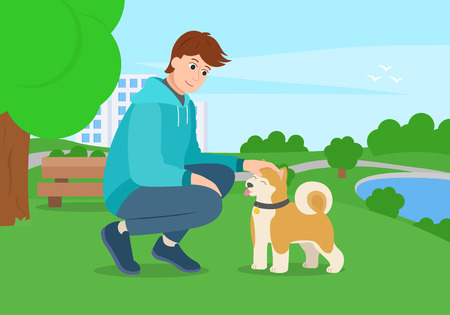 Man with a dog for a walk in the park. Guy stroking akita puppy. Vector illustationのイラスト素材