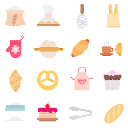 Bakery products and bread, icons set. Accessories for preparation food. Isolated vector illustrationのイラスト素材